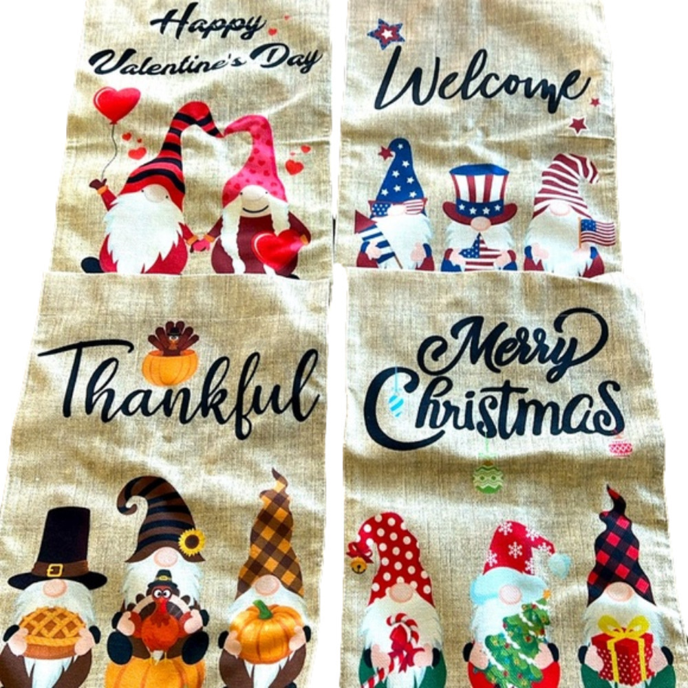 New!! Set of 4 Burlap Holiday Gnome‎ Outdoor Garden Flags 12x18"